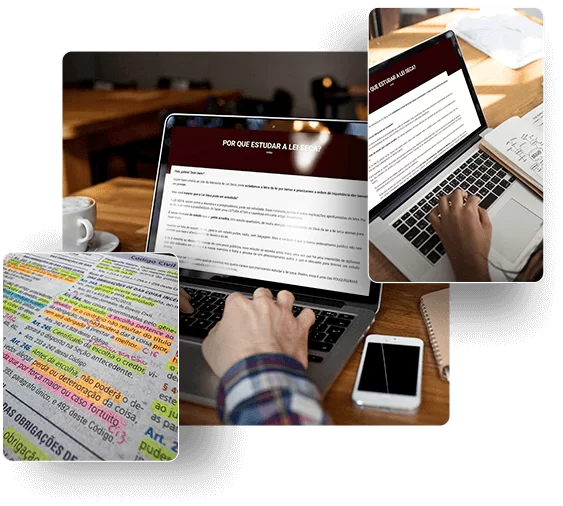 Materiais de estudo de Lei Seca: laptop, códigos jurídicos marcados e vade mecum